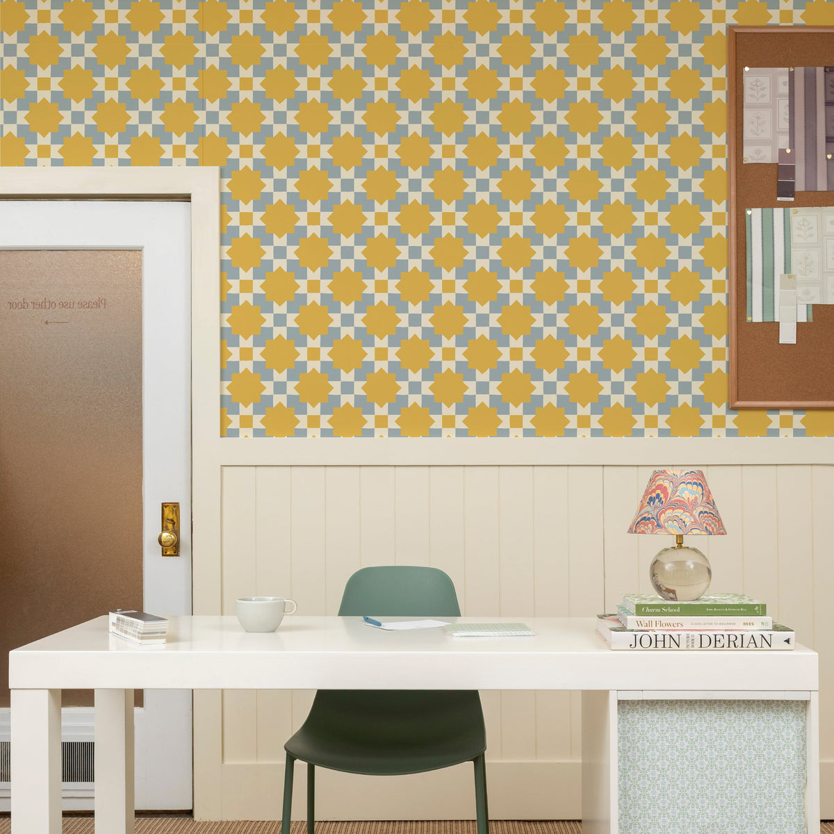 Image of Checkerboard Geo in Powder/Sunflower Wallpaper