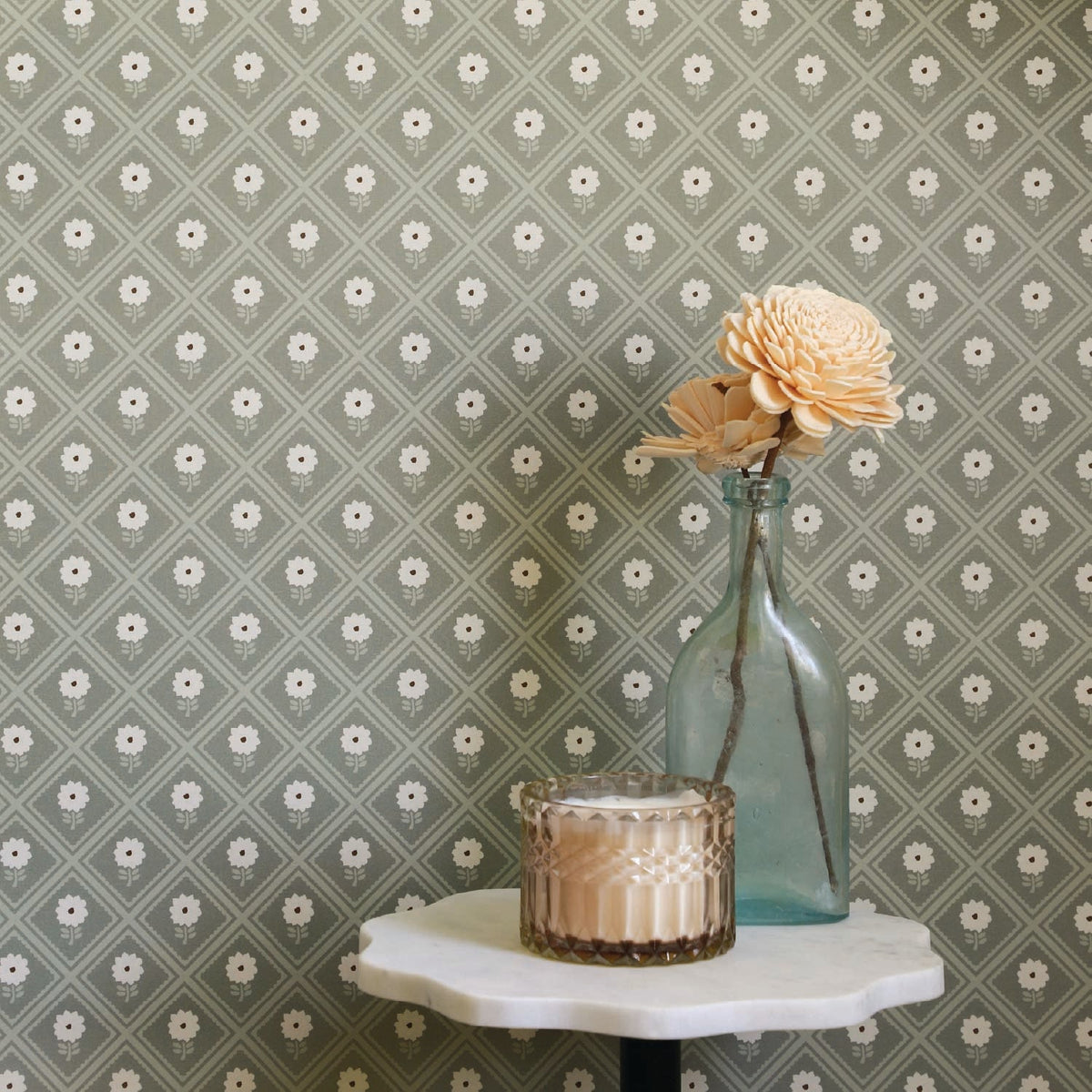 Image of Dahlia in Sage/Cream Wallpaper