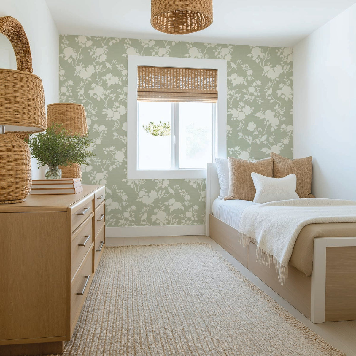 Image of Camellia Bloom in Light Green Wallpaper