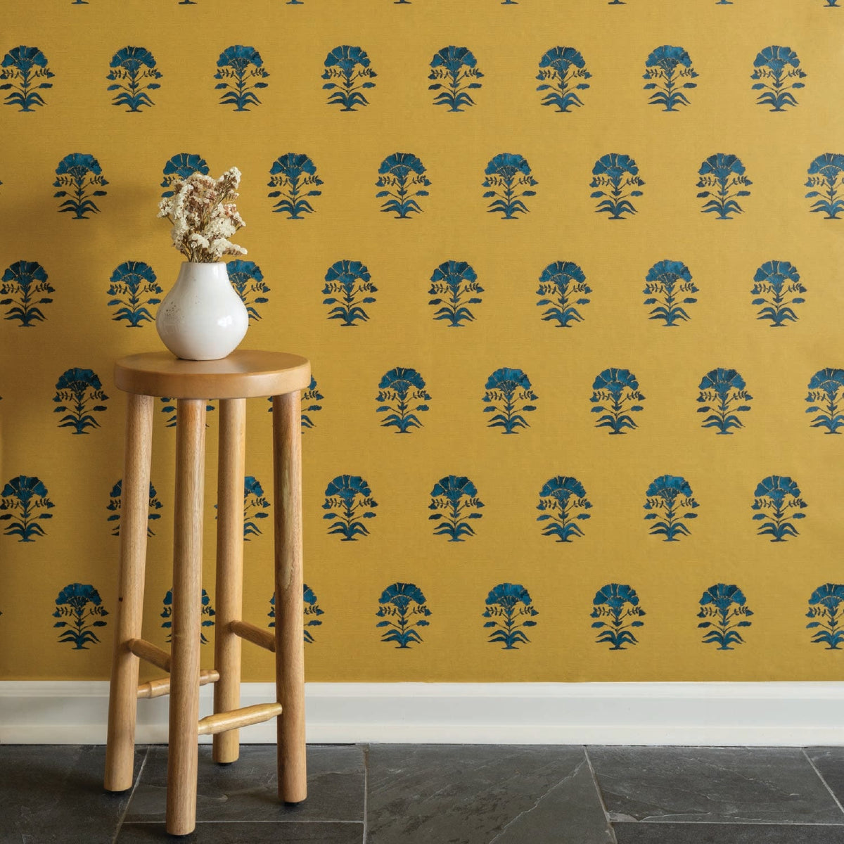 Image of Nargis Block Print in Mustard/Blue Wallpaper