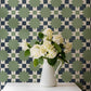 Image of Checkerboard Geo in Navy/Moss Wallpaper