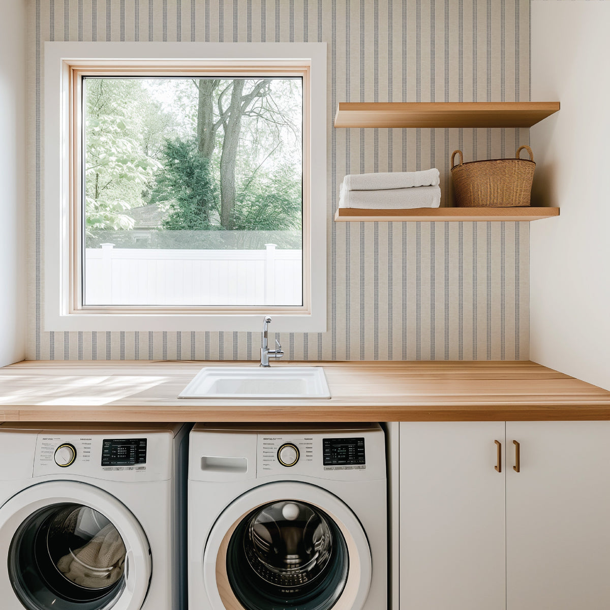 Image of Linen Stripe in Oat/Navy Wallpaper