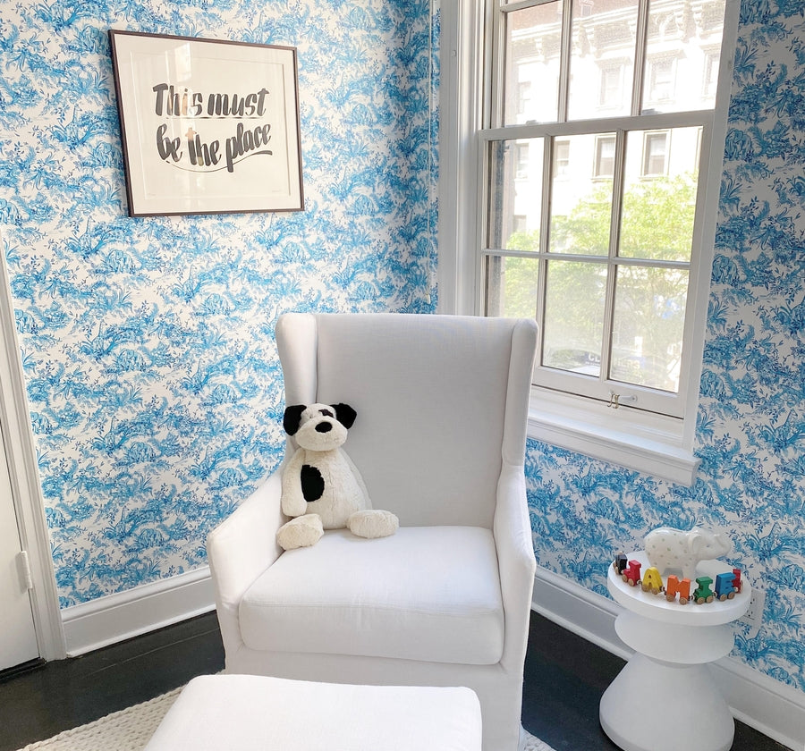 Jungle Toile in Blue on White Wallpaper