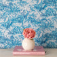 Jungle Toile in Blue on White Wallpaper