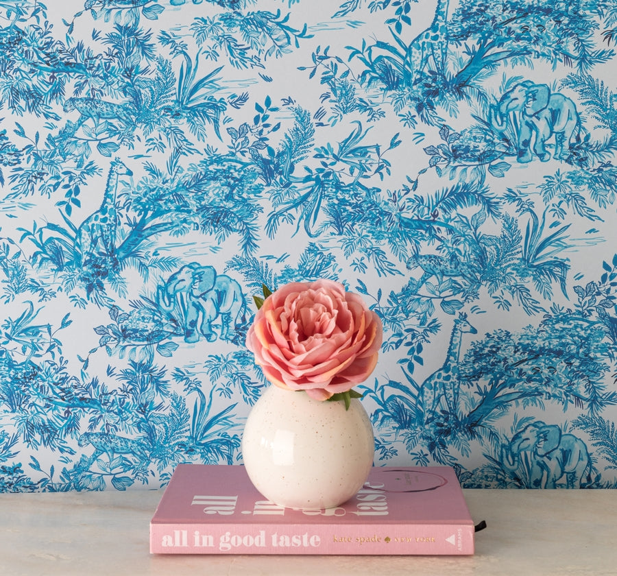 Jungle Toile in Blue on White Wallpaper