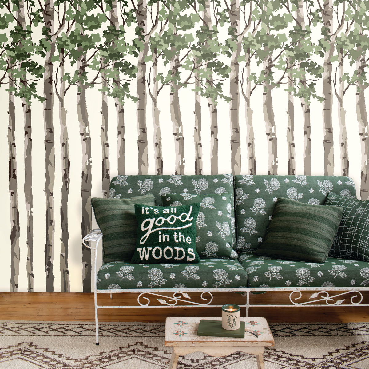 Image of Birch Tree in Green Wallpaper