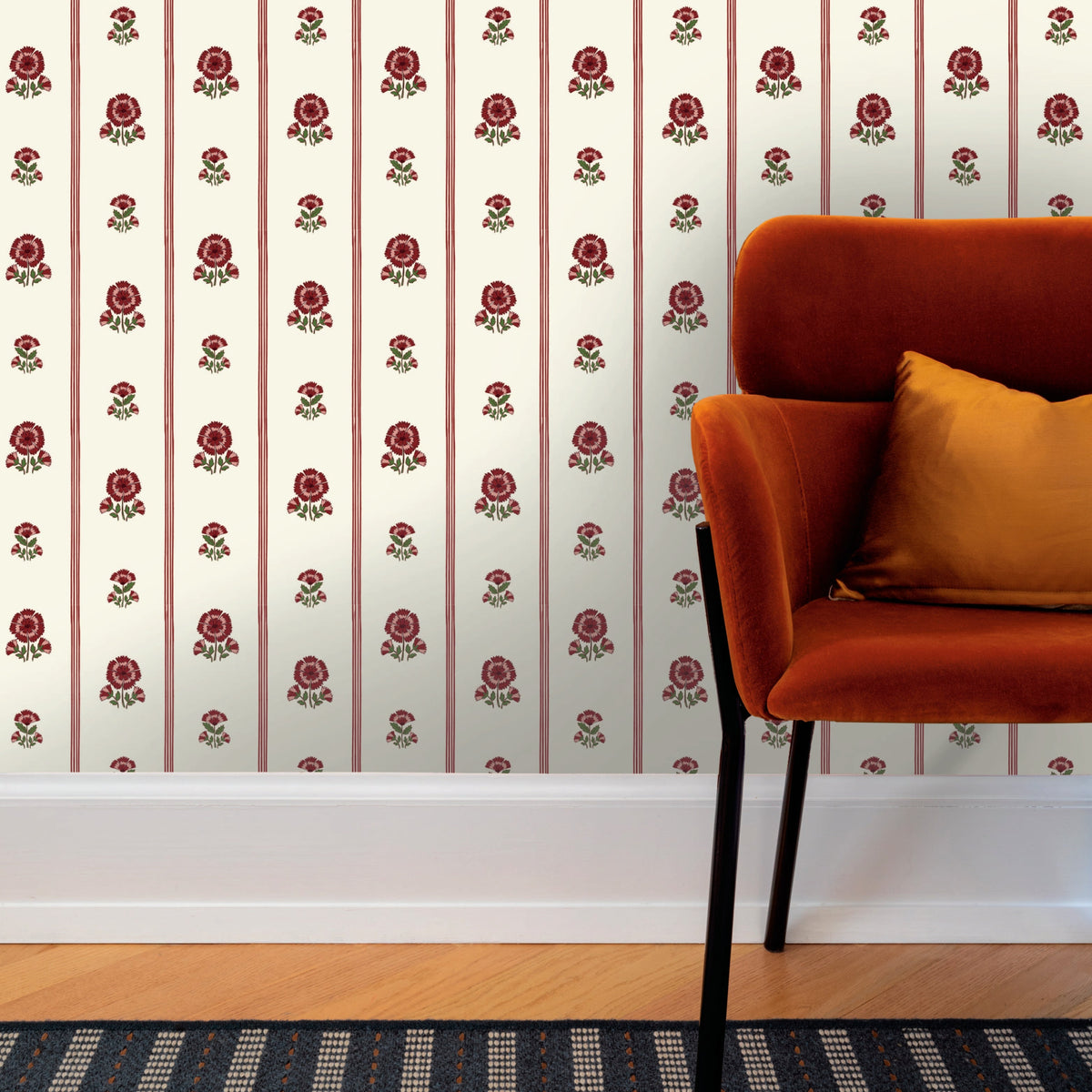 Image of Fan Floral Stripe in Burgundy Wallpaper