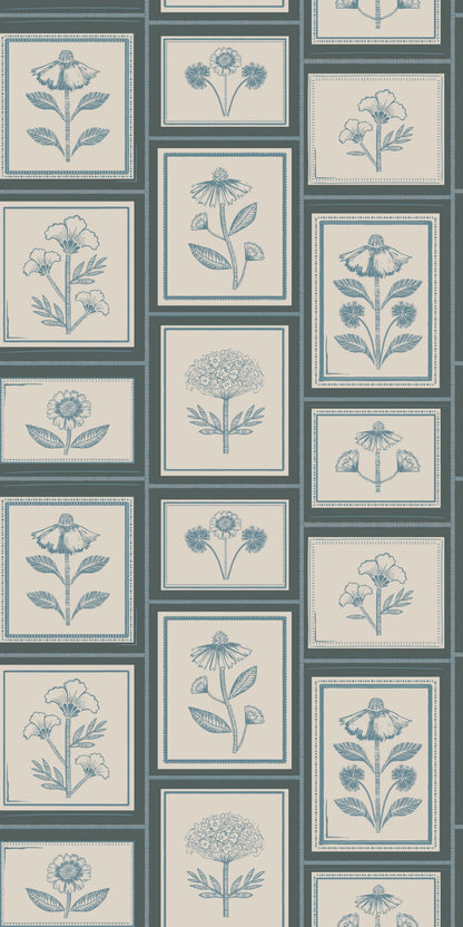 Image of Framed Flowers in Denim Wallpaper
