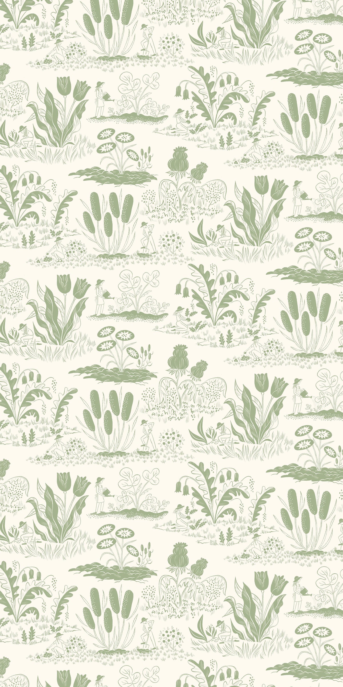 Image of Gardeners in Cream/Green Wallpaper
