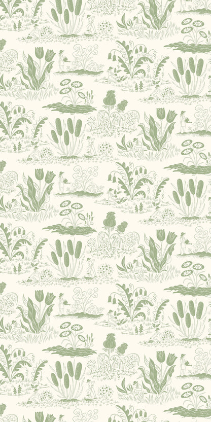 Image of Gardeners in Cream/Green Wallpaper