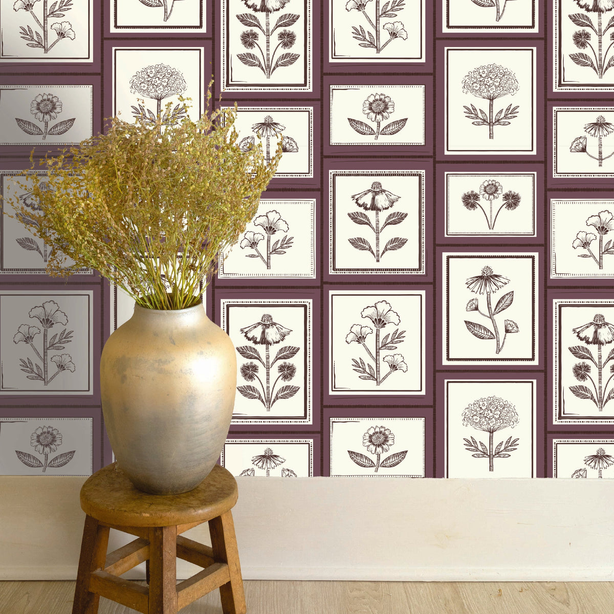 Image of Framed Flowers in Mulberry wallpaper