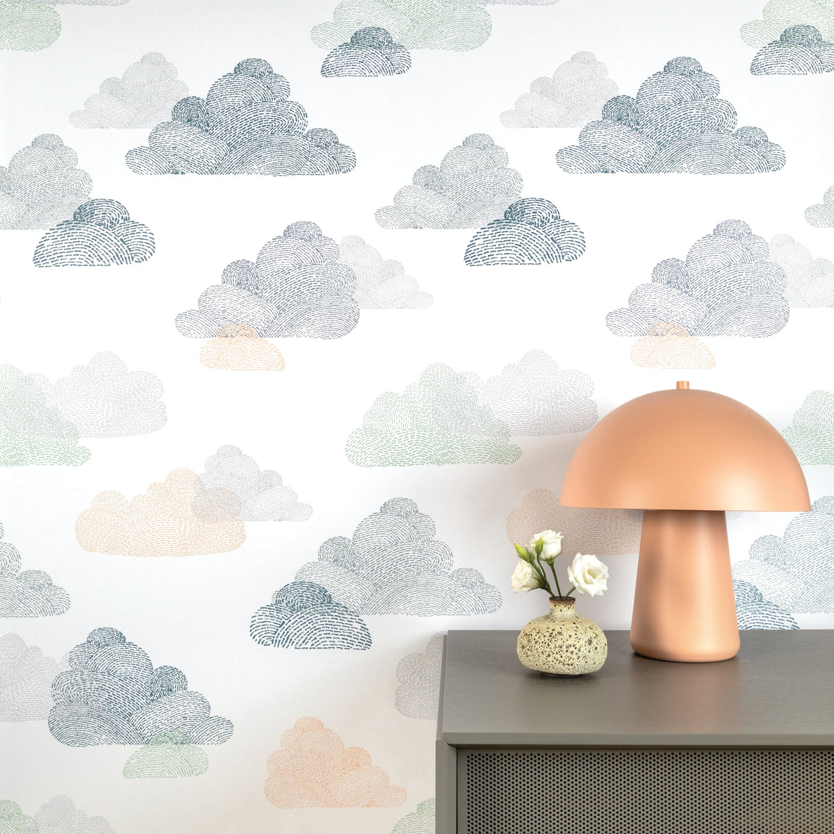 Image of Overcast Stitch in White/Grey Blue Wallpaper