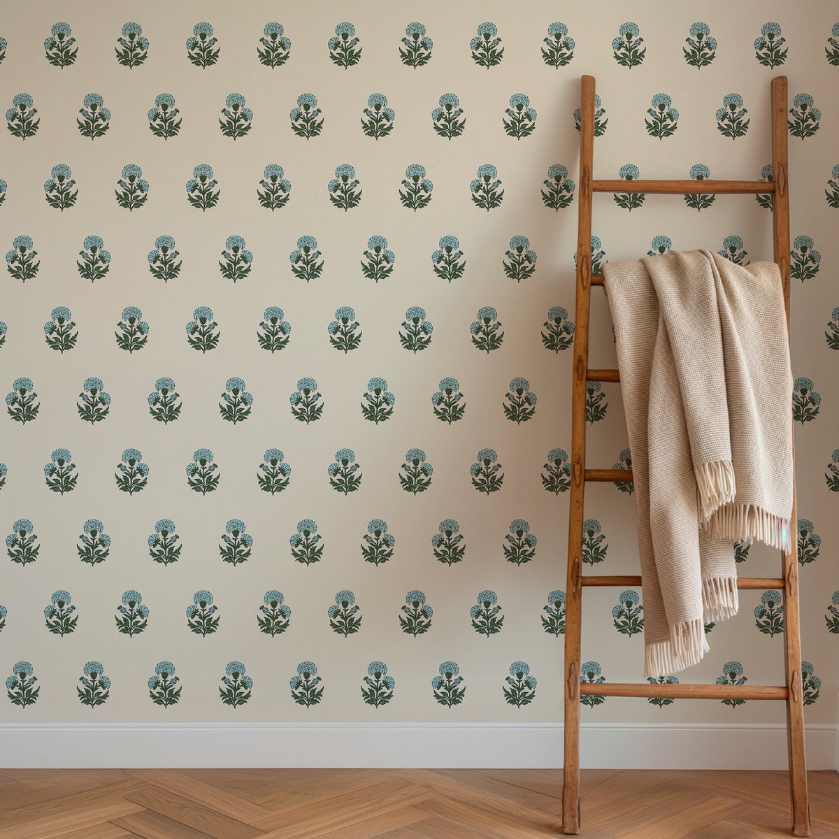 Image of Marigold Block Print in Sky Blue Wallpaper