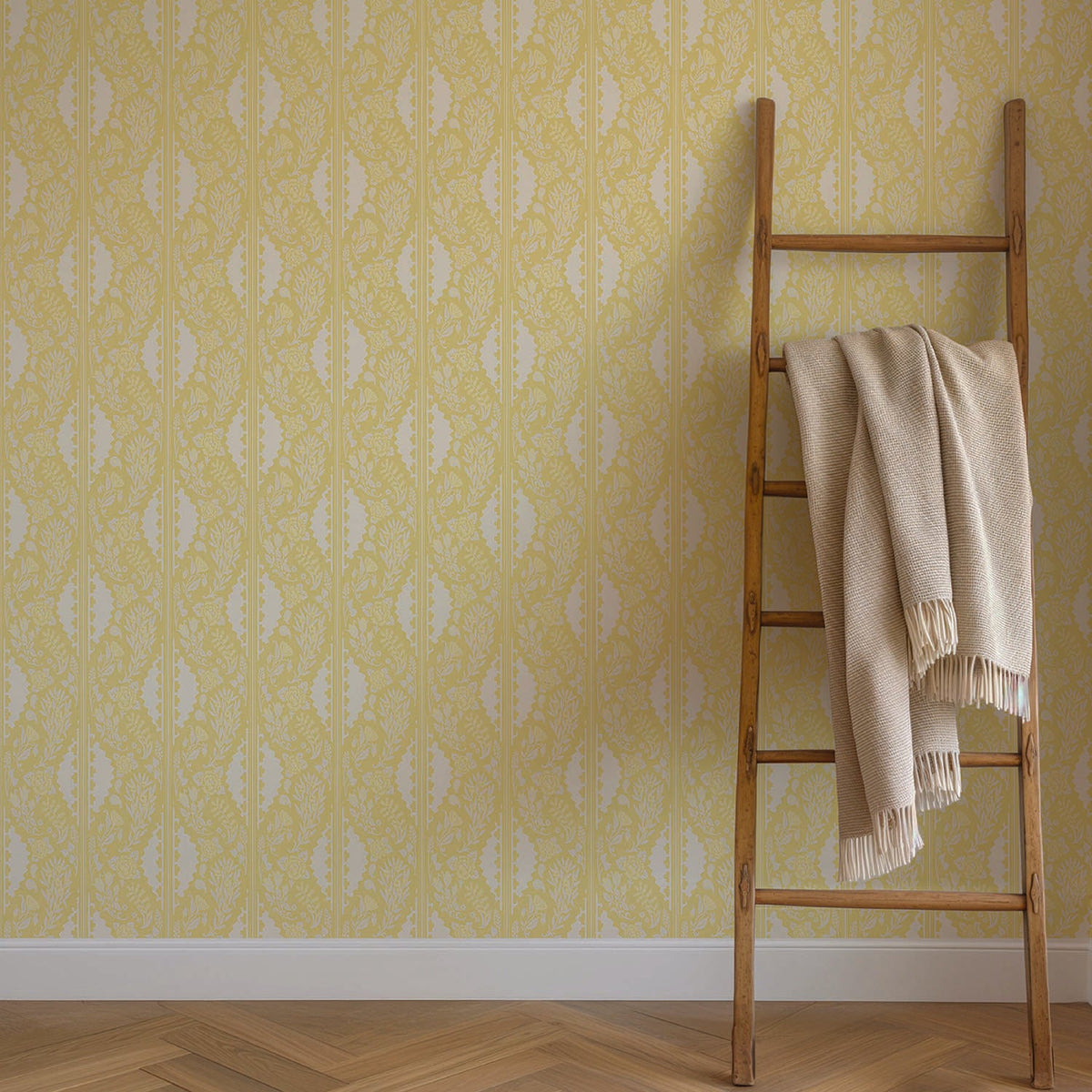 Image of Paisley Block Stripe in Buttercream Wallpaper