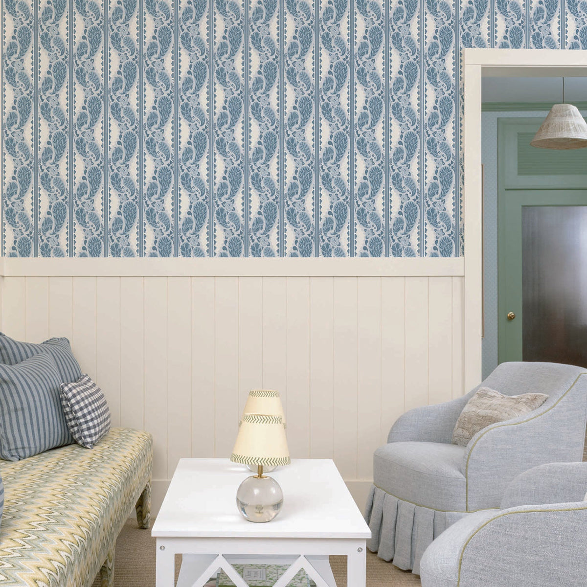 Image of Paisley Block Stripe in Sky Blue Wallpaper