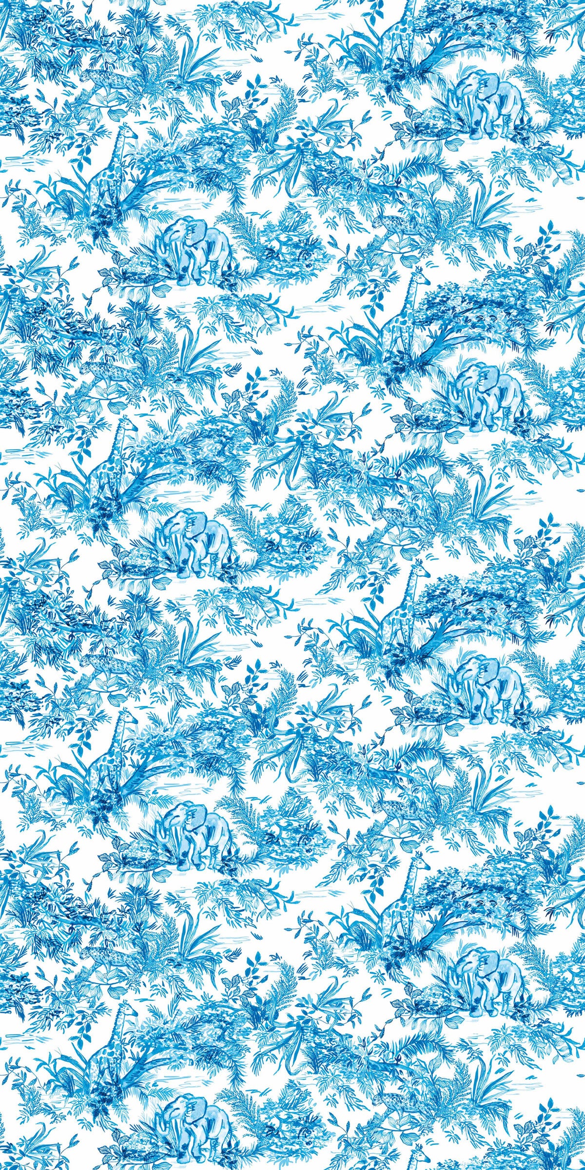 Jungle Toile in Blue on White Wallpaper