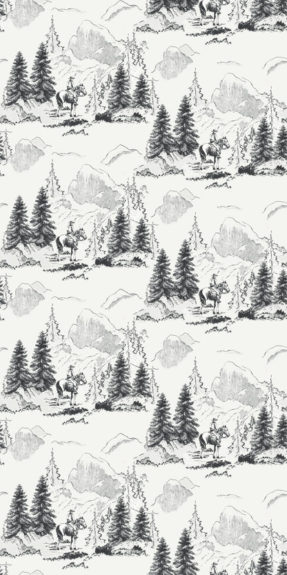 Image of Cowboy Toile in Black and White Wallpaper